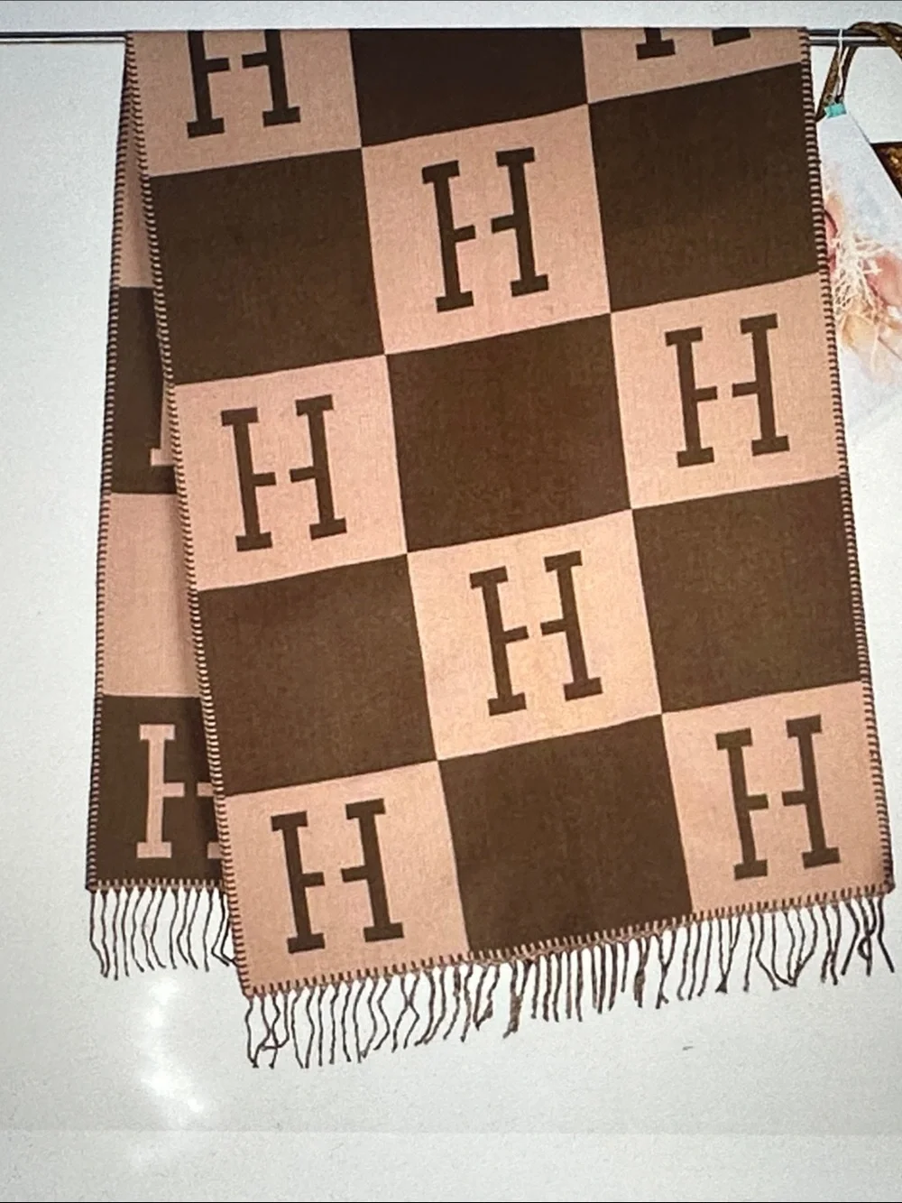 Women’s Monogram H Pattern Fringe silky shawl wrap- Brown & Tan